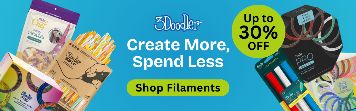 Promotional banner for 3Doodler with filament packages and a discount offer on a blue background.