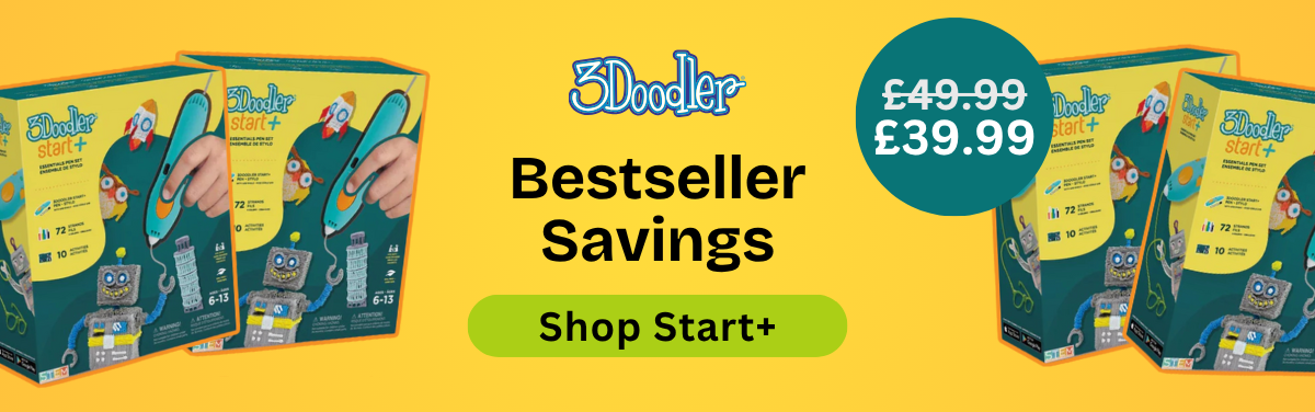 3Doodler start+ product packaging with promotional text on a yellow background